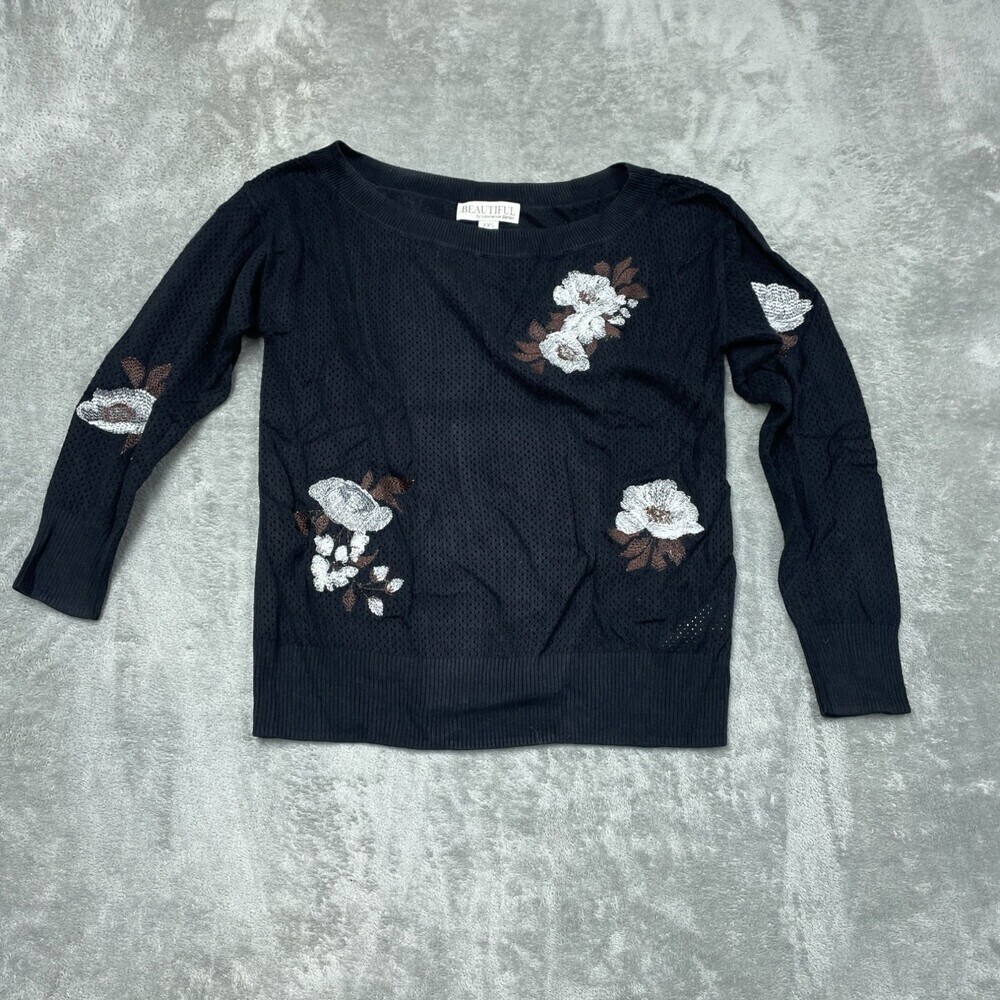 Beautiful By Lawrence Zarian Floral Knit Black Sweater XXS Cotton Blend a1557